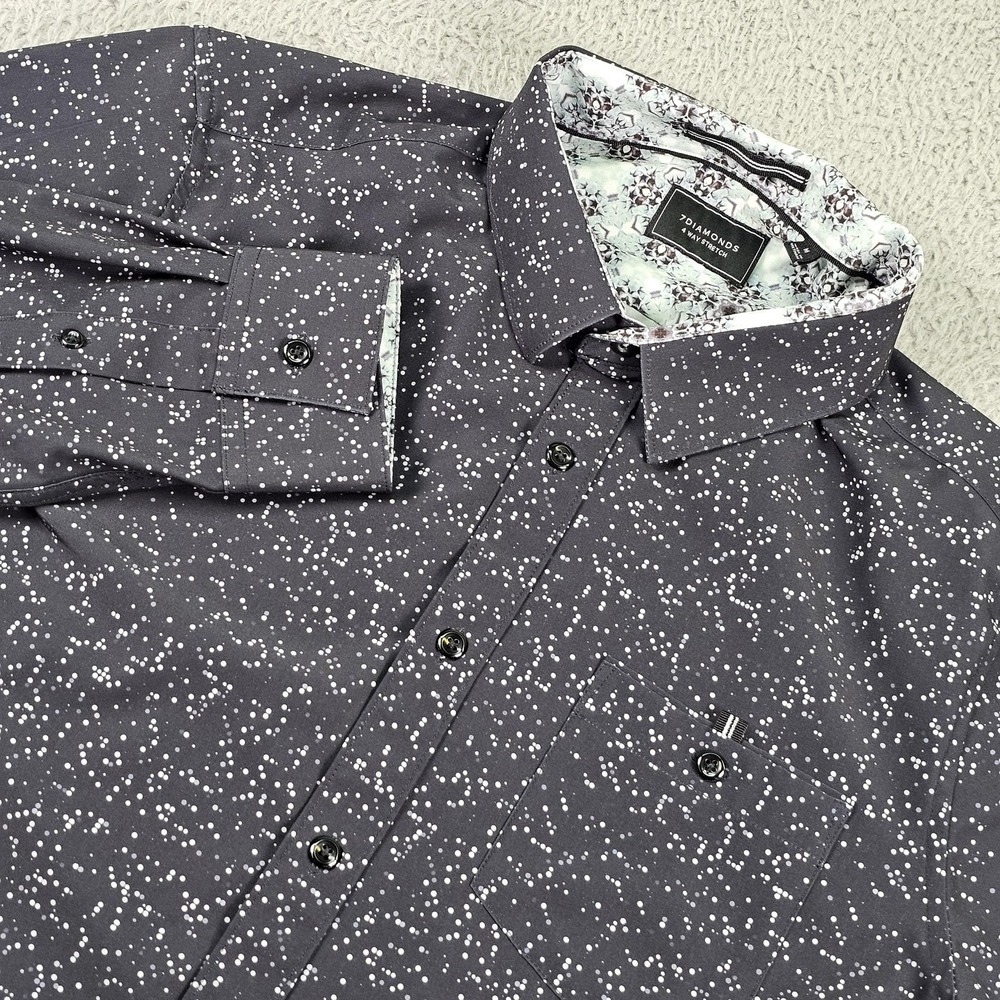 7 Diamonds Disco Dropdot Shirt Mens Medium Gray 4-Way Stretch Button Up SMK-7372